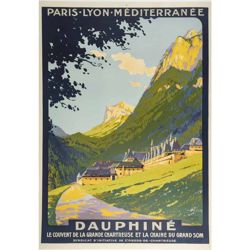 Affiche Tourisme Originale, Roger Soubie, Dauphiné, PLM, Chemins de Fer, St Pierre de Chartreuse, Couvent de la Grande Chartreuse, Grand Som, Montagne, Vallée, Paysage, Alpin, Transport, Voyage, Train, Monastère, c.1920 3