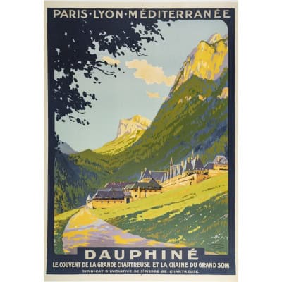 Affiche Tourisme Originale, Roger Soubie, Dauphiné, PLM, Chemins de Fer, St Pierre de Chartreuse, Couvent de la Grande Chartreuse, Grand Som, Montagne, Vallée, Paysage, Alpin, Transport, Voyage, Train, Monastère, c.1920