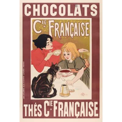 Affiche Originale, Théophile-Alexandre Steinlen, Compagnie Française des Chocolats et Thés, Boisson, Cacao, Chocolaterie, Chocolatier, Confiserie, Infusion, Lait, Animal, Chat, Félin, Femme, Tasse, Bol, 1895
