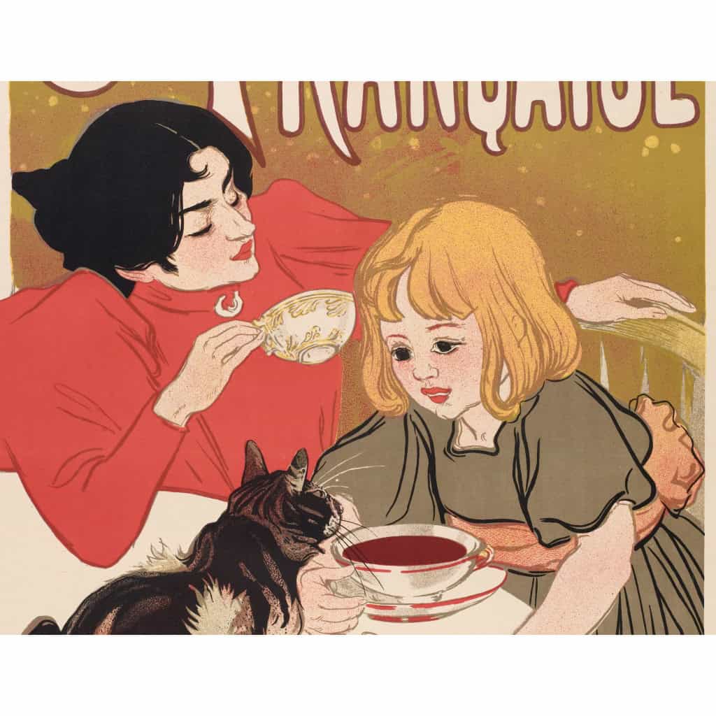 Affiche Originale, Théophile-Alexandre Steinlen, Compagnie Française des Chocolats et Thés, Boisson, Cacao, Chocolaterie, Chocolatier, Confiserie, Infusion, Lait, Animal, Chat, Félin, Femme, Tasse, Bol, 1895 6