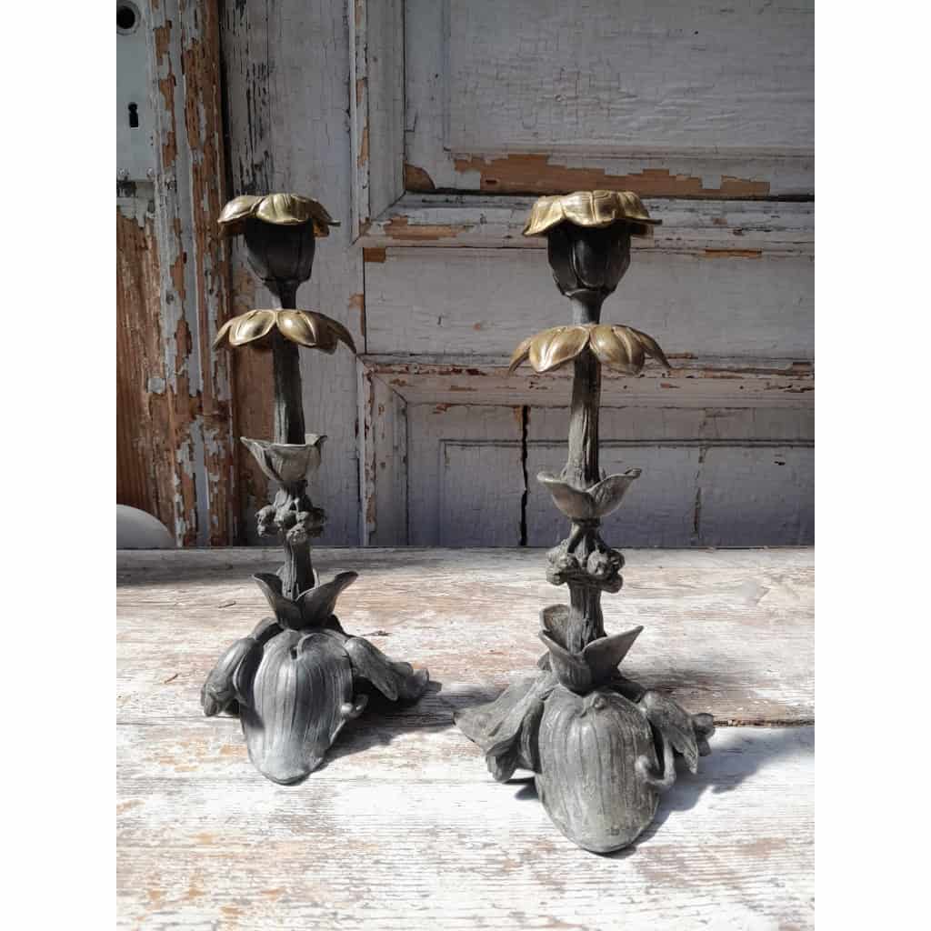 Pair of Art Nouveau candlesticks, spelter and bronze, 1900 4