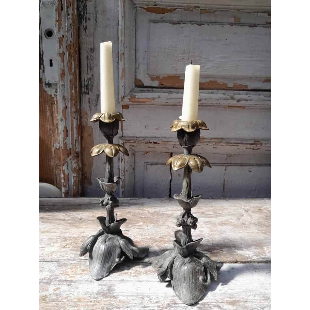 Pair of Art Nouveau candlesticks, spelter and bronze, 1900 3