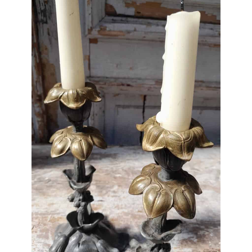 Pair of Art Nouveau candlesticks, spelter and bronze, 1900 5