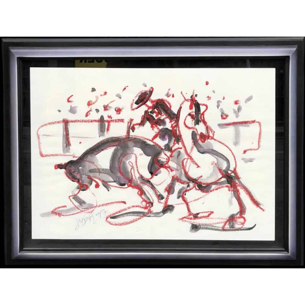TEXIER Peinture Française Scène de corrida Technique mixte signée et datée 8
