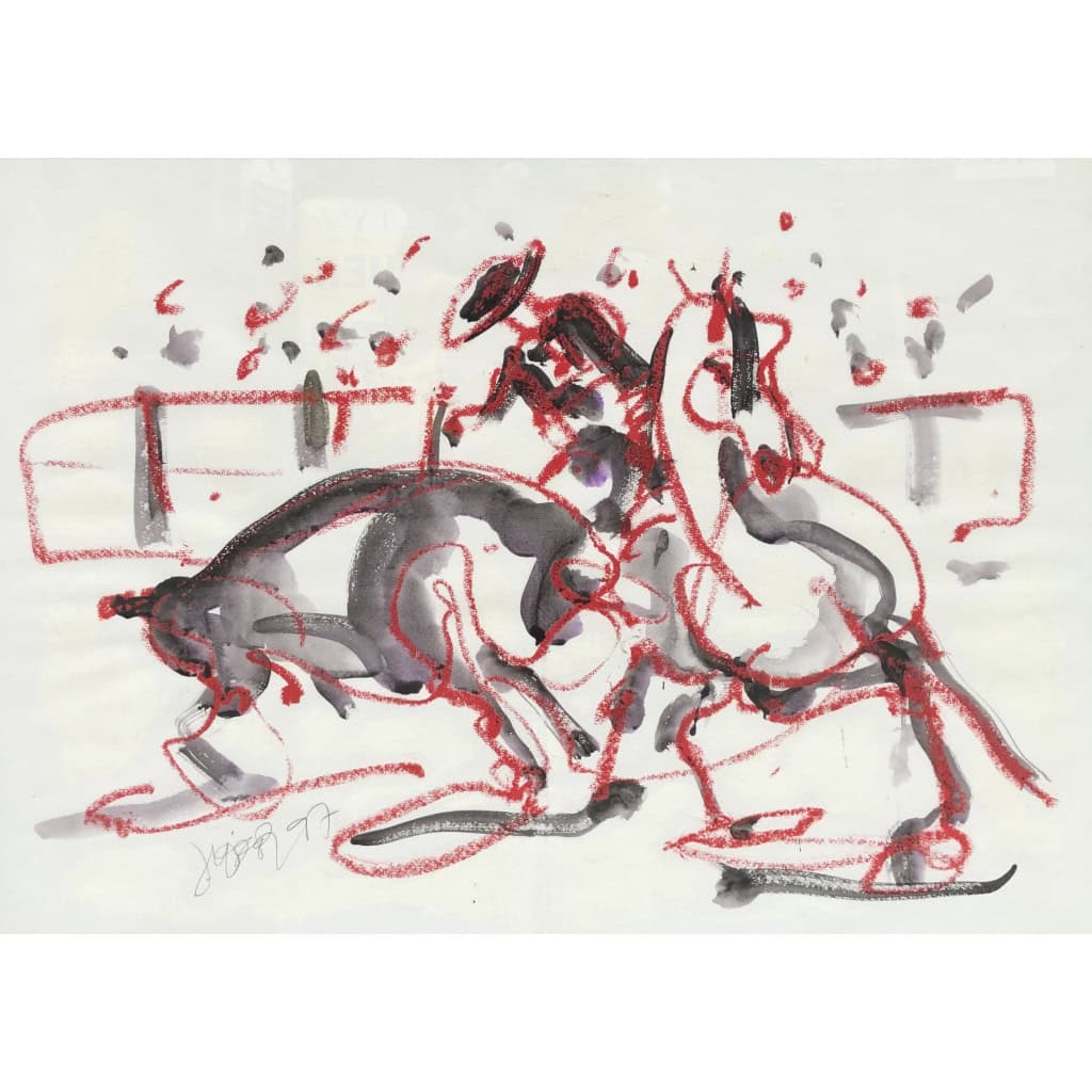 TEXIER Peinture Française Scène de corrida Technique mixte signée et datée 7