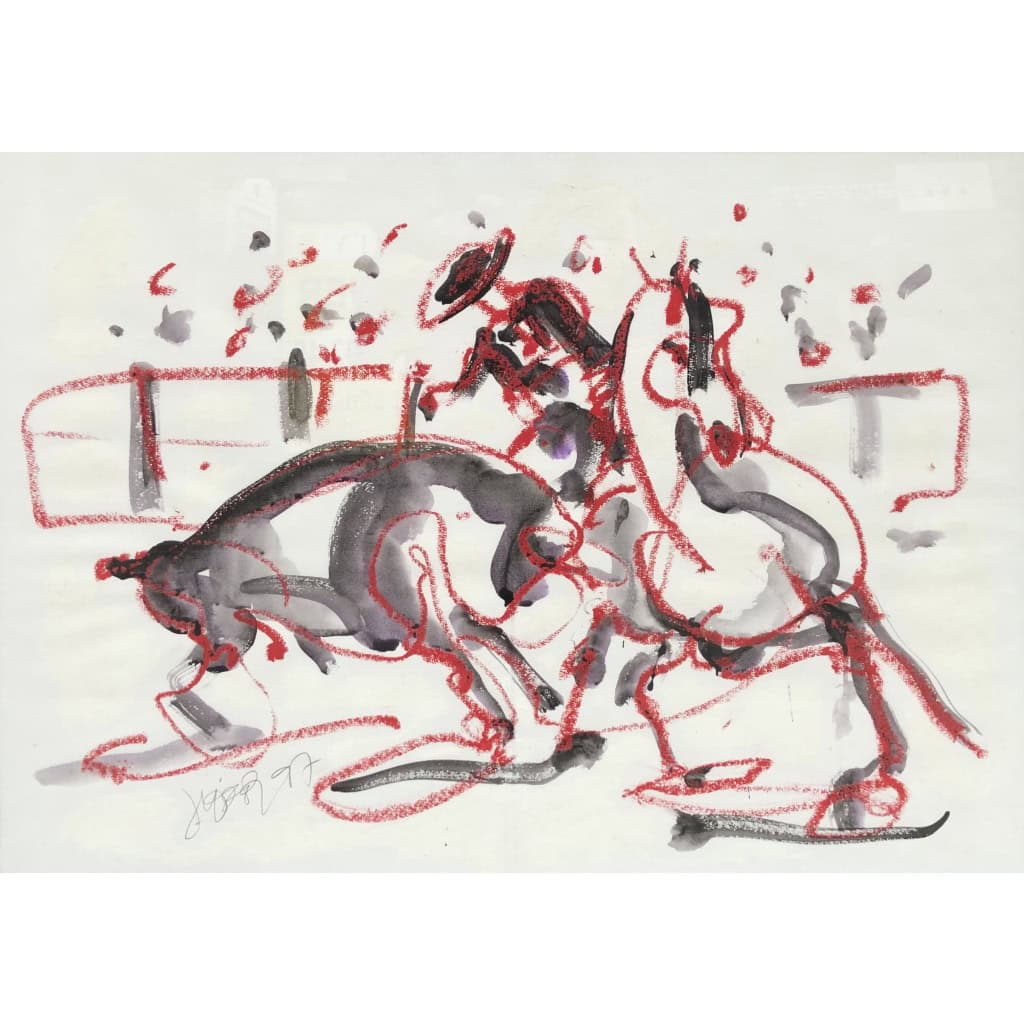 TEXIER Peinture Française Scène de corrida Technique mixte signée et datée 5