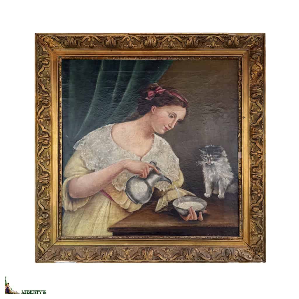 Peinture sur toile encadrée « Femme donnant du lait à son chat », 43.5 cm x 45 cm, (XIXe) 3