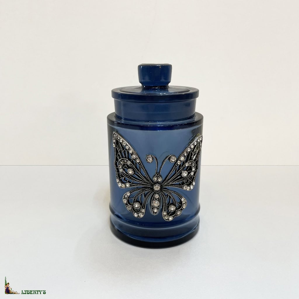 Pot en cristal bleu avec décor de papillons, haut. 10 cm, (Fin XXe) 3