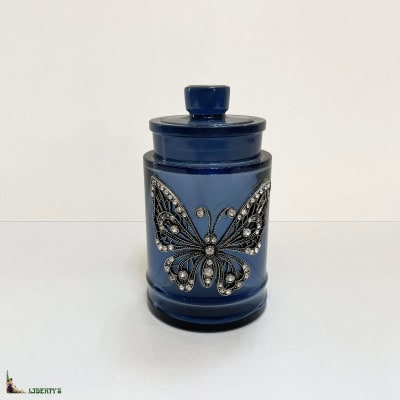 Pot en cristal bleu avec décor de papillons, haut. 10 cm, (Fin XXe)