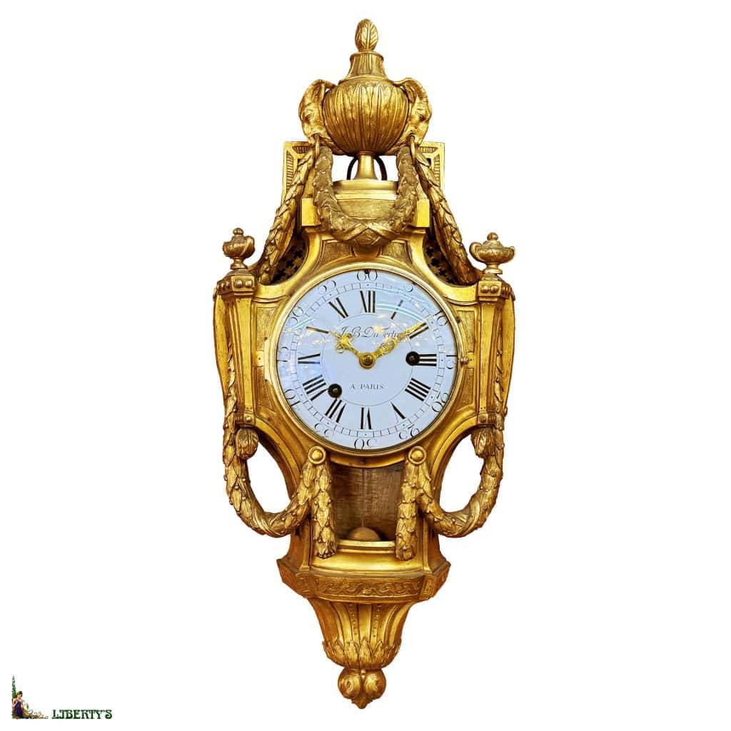 Cartel mural bronze doré au mercure, mouvement signé avec suspension à fil de soie et aiguilles ajourées, signé J.B. Dutertre à Paris, haut. 71 cm, (Mi. XVIIIe) 3