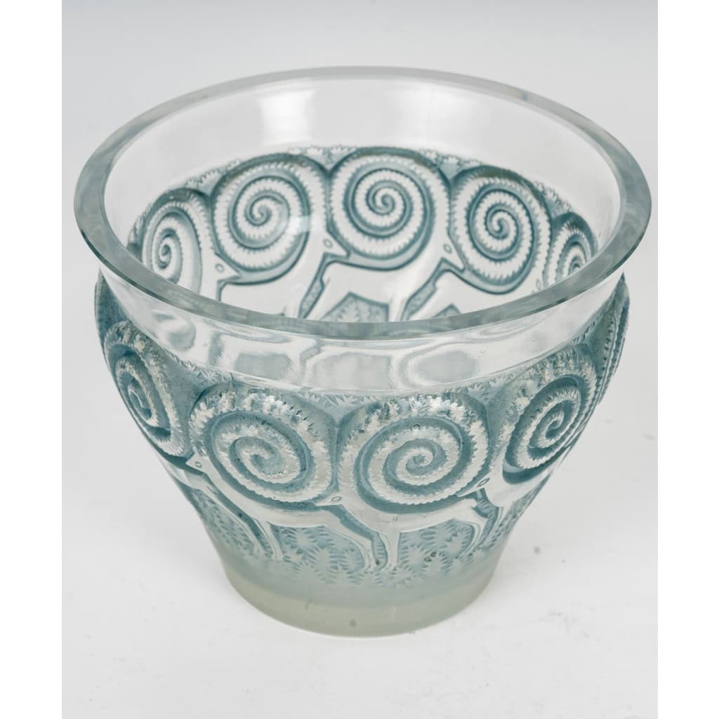 1933 René Lalique – Vase Rennes Verre Blanc Patiné Bleu 5