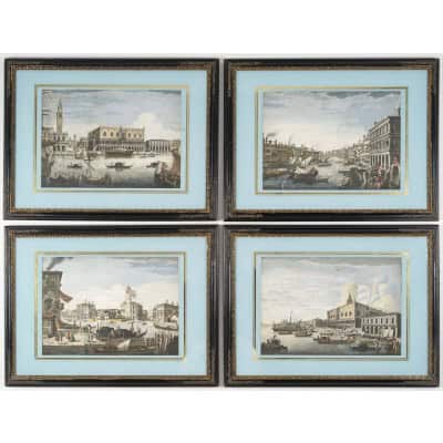 Suite De 4 Estampes Aquarellées De Venise D’après Marieschi