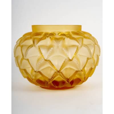 Lalique France – Art Deco Vase Languedoc Cristal Verre Jaune Ambré