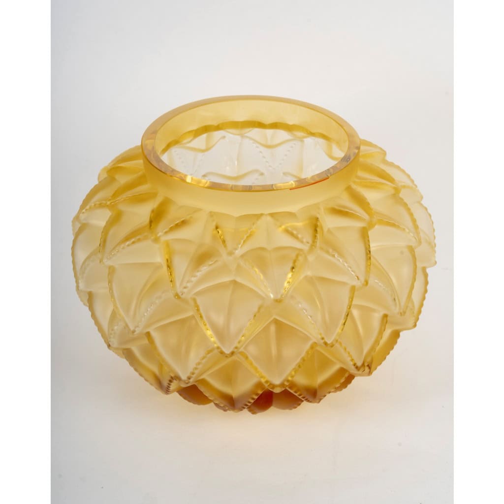Lalique France – Art Deco Vase Languedoc Cristal Verre Jaune Ambré 5