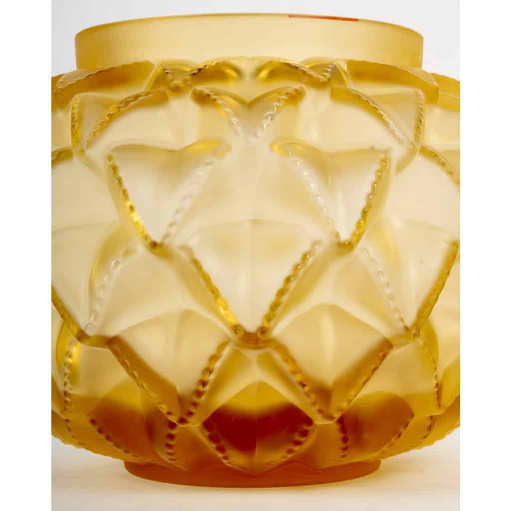 Lalique France – Art Deco Vase Languedoc Cristal Verre Jaune Ambré 7
