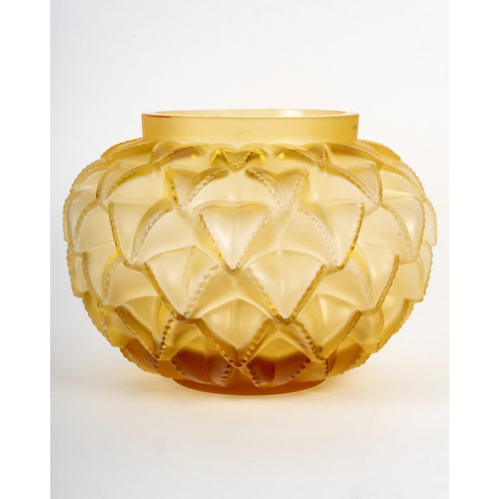 Lalique France – Art Deco Vase Languedoc Cristal Verre Jaune Ambré 4