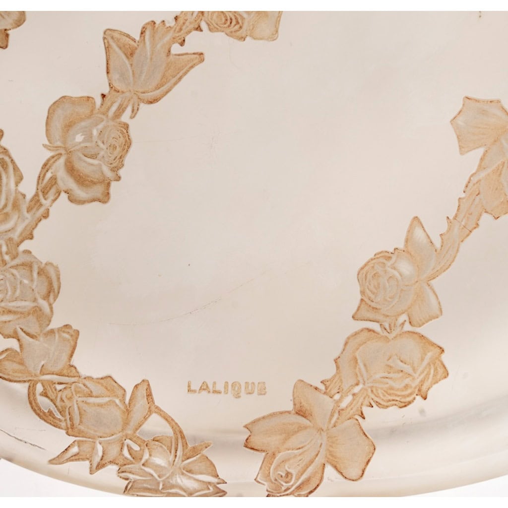 1913 René Lalique – Boîte Roses en Relief Verre Blanc Patiné Sépia 7