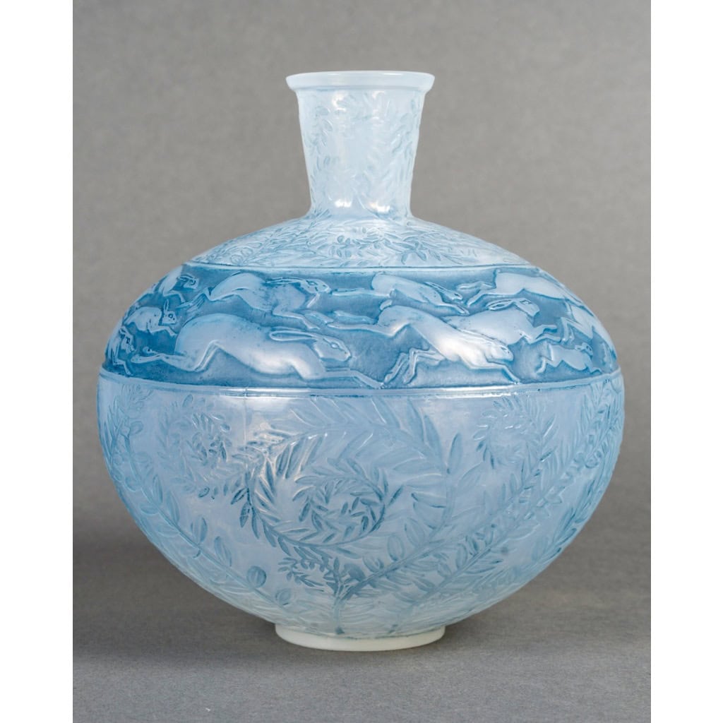 1923 René Lalique – Vase Lièvres Verre Opalescent Patiné Bleu 7