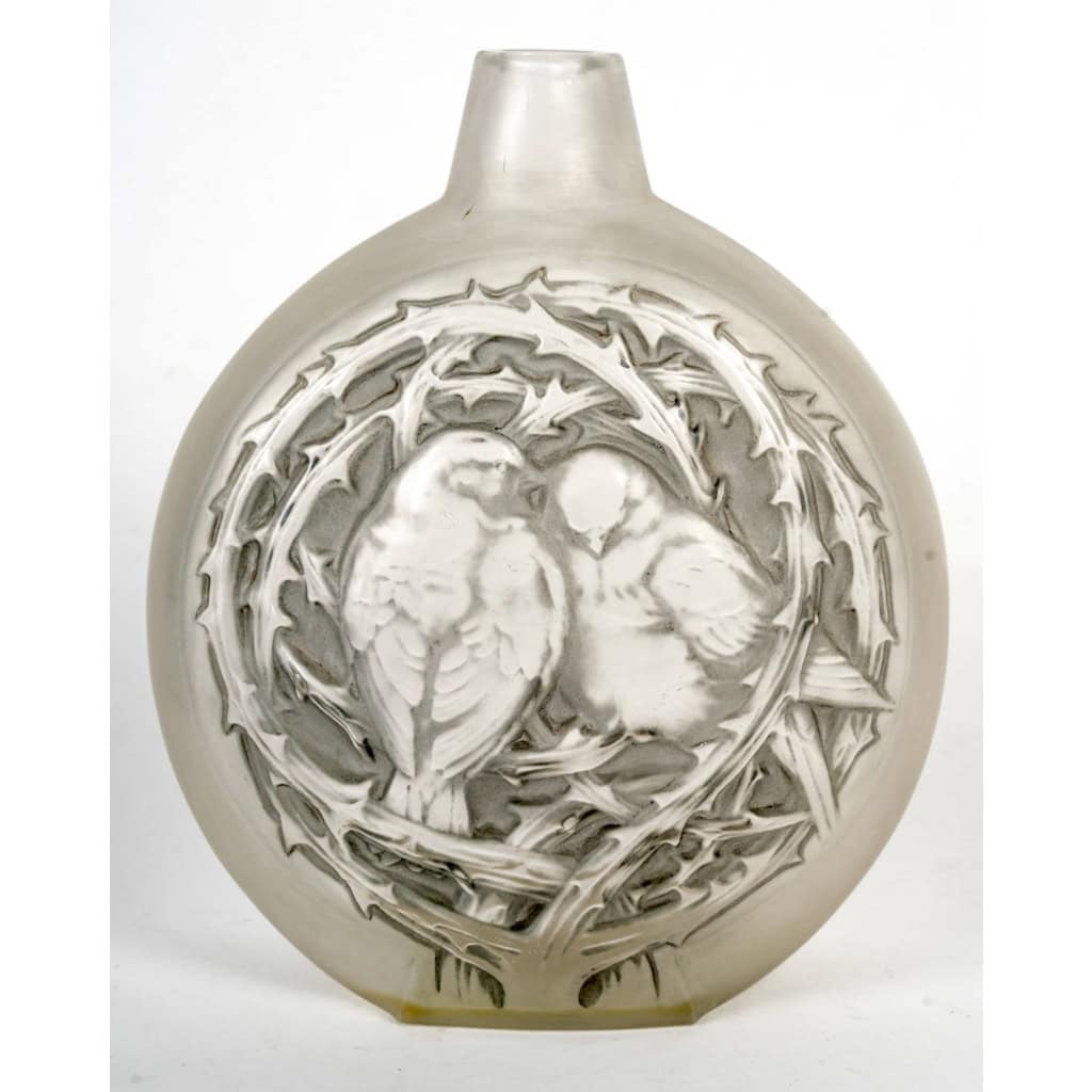 1920 René Lalique – Vase Deux Moineaux Bavardant Verre Blanc Patiné Gris 3