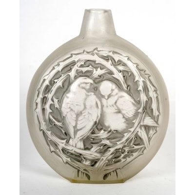1920 René Lalique – Vase Deux Moineaux Bavardant Verre Blanc Patiné Gris