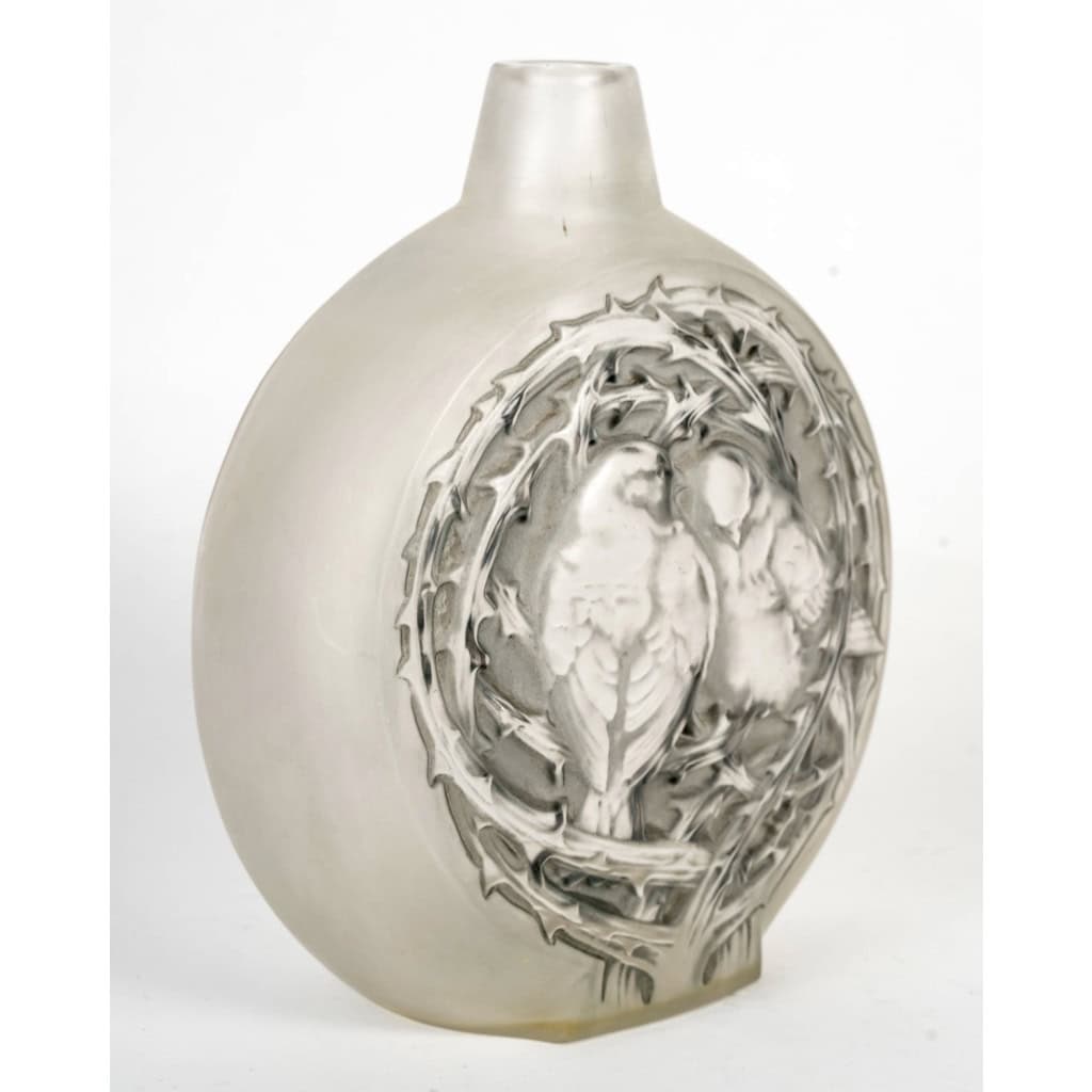 1920 René Lalique – Vase Deux Moineaux Bavardant Verre Blanc Patiné Gris 4
