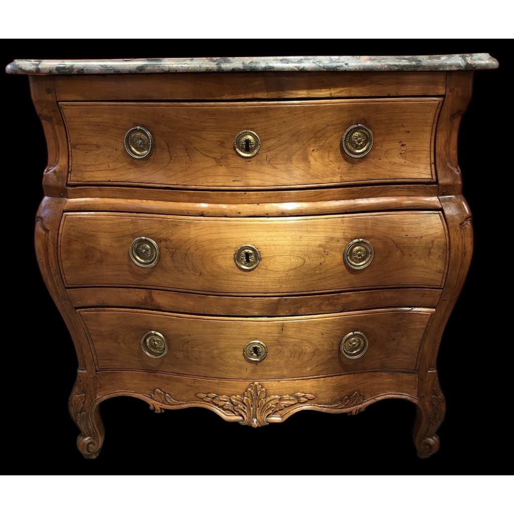 Commode 18è De Port Bois Naturel Ouvrant Trois Tiroirs Reposant Pieds Galbés Dessus Marbre 20