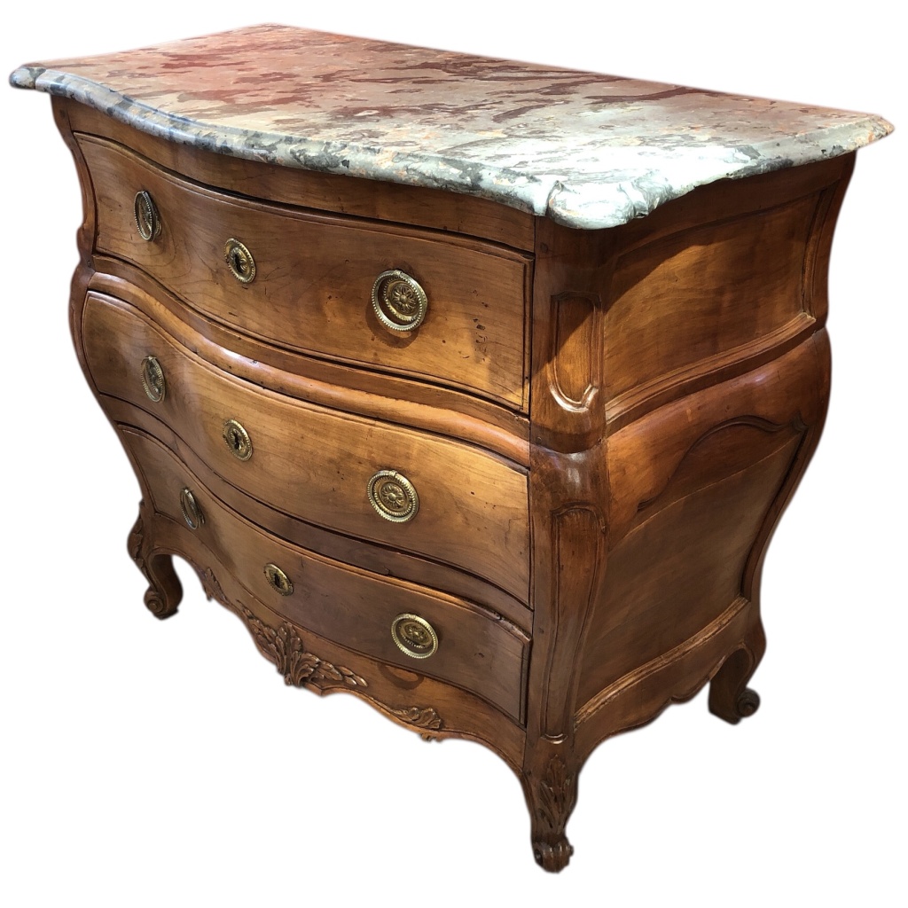 Commode 18è De Port Bois Naturel Ouvrant Trois Tiroirs Reposant Pieds Galbés Dessus Marbre 19