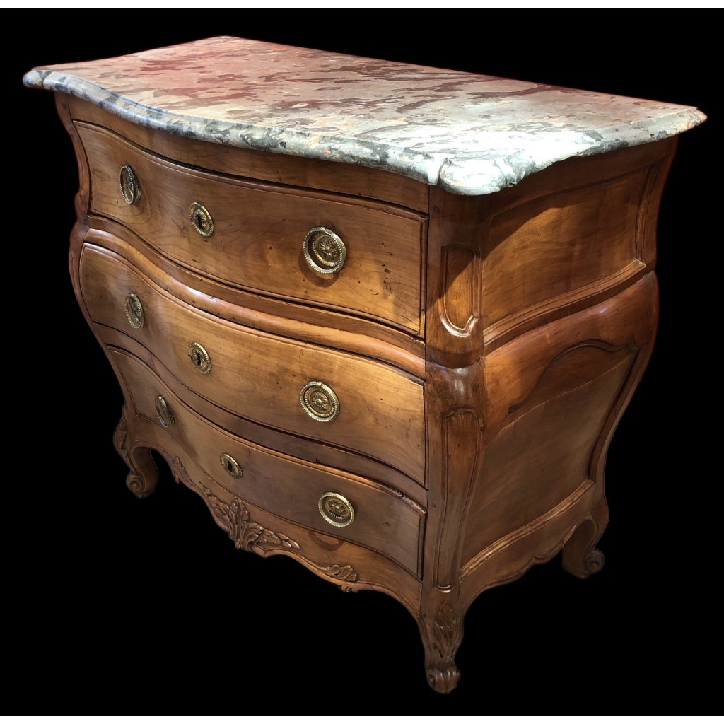 Commode 18è De Port Bois Naturel Ouvrant Trois Tiroirs Reposant Pieds Galbés Dessus Marbre 18
