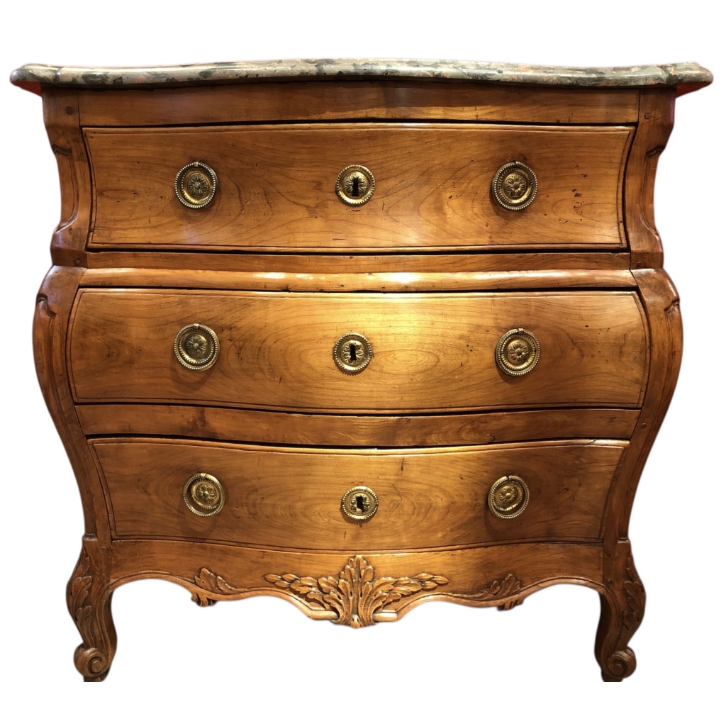 Commode 18è De Port Bois Naturel Ouvrant Trois Tiroirs Reposant Pieds Galbés Dessus Marbre 11