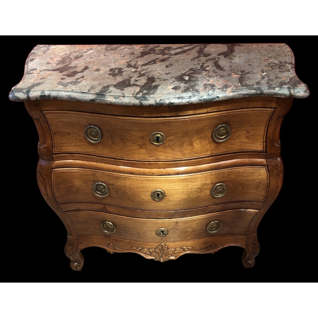 Commode 18è De Port Bois Naturel Ouvrant Trois Tiroirs Reposant Pieds Galbés Dessus Marbre 7