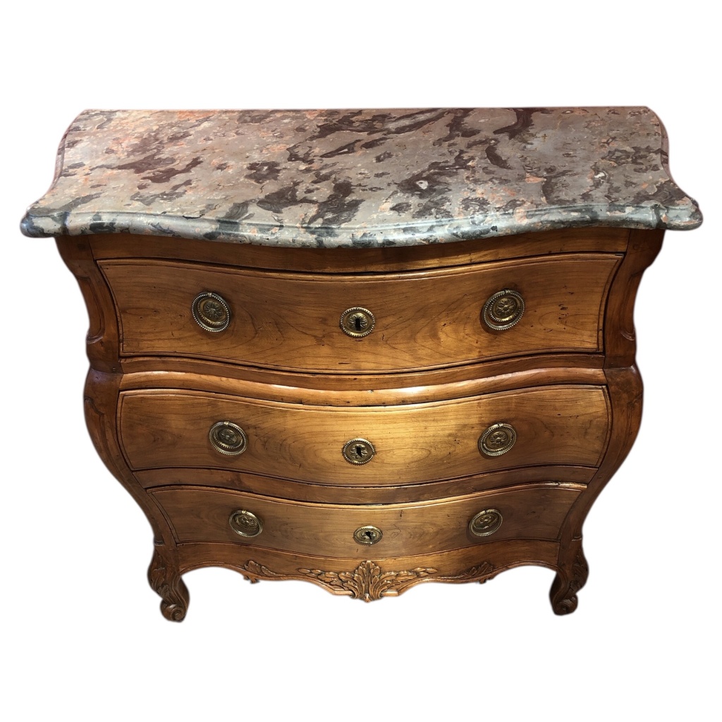 Commode 18è De Port Bois Naturel Ouvrant Trois Tiroirs Reposant Pieds Galbés Dessus Marbre 6