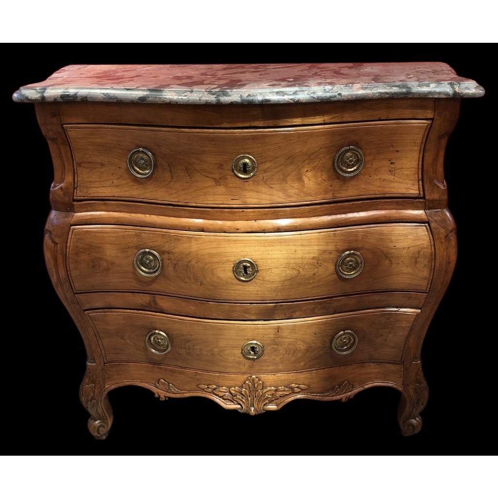 Commode 18è De Port Bois Naturel Ouvrant Trois Tiroirs Reposant Pieds Galbés Dessus Marbre 5