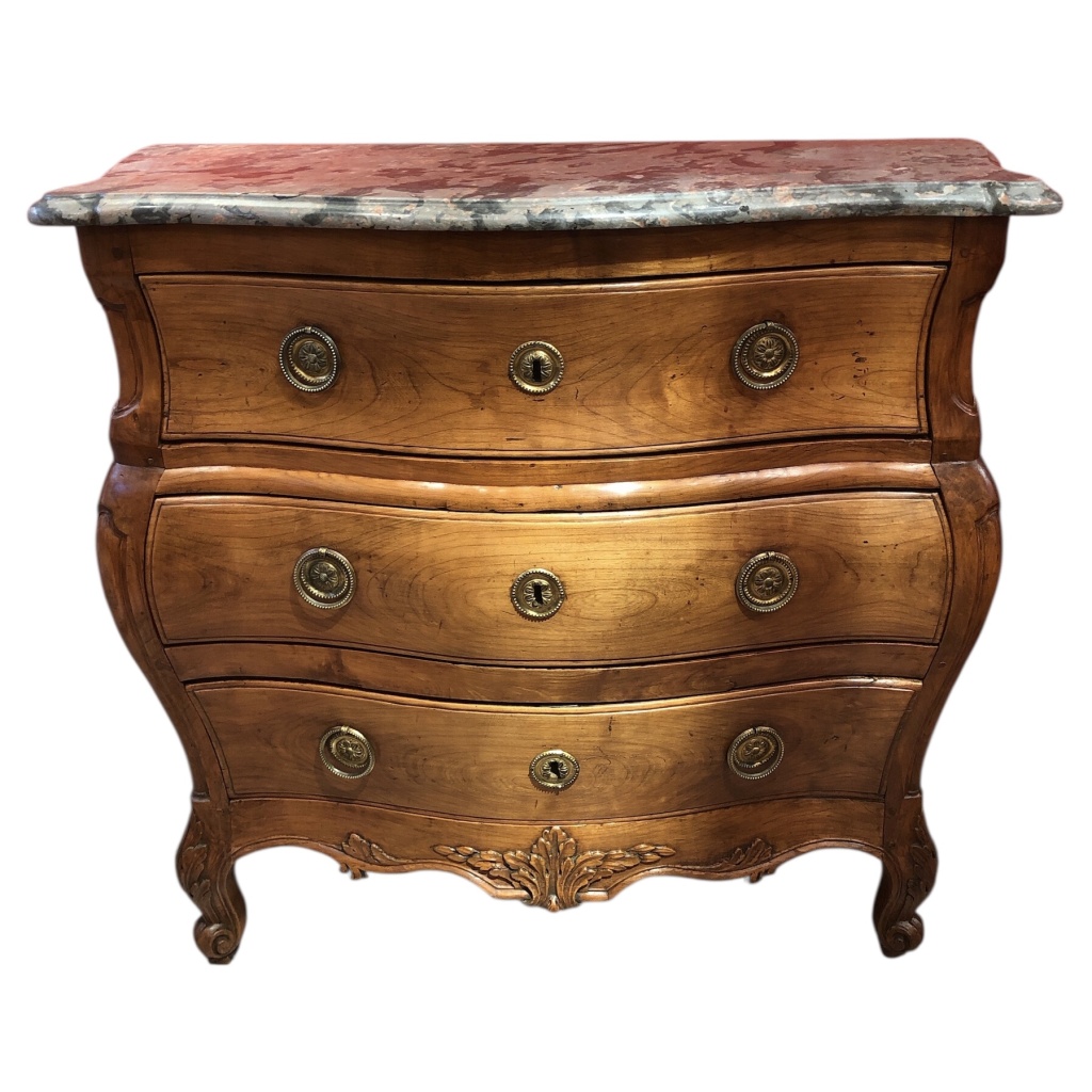 Commode 18è De Port Bois Naturel Ouvrant Trois Tiroirs Reposant Pieds Galbés Dessus Marbre 4