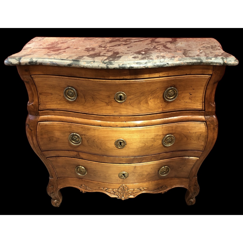 Commode 18è De Port Bois Naturel Ouvrant Trois Tiroirs Reposant Pieds Galbés Dessus Marbre 13