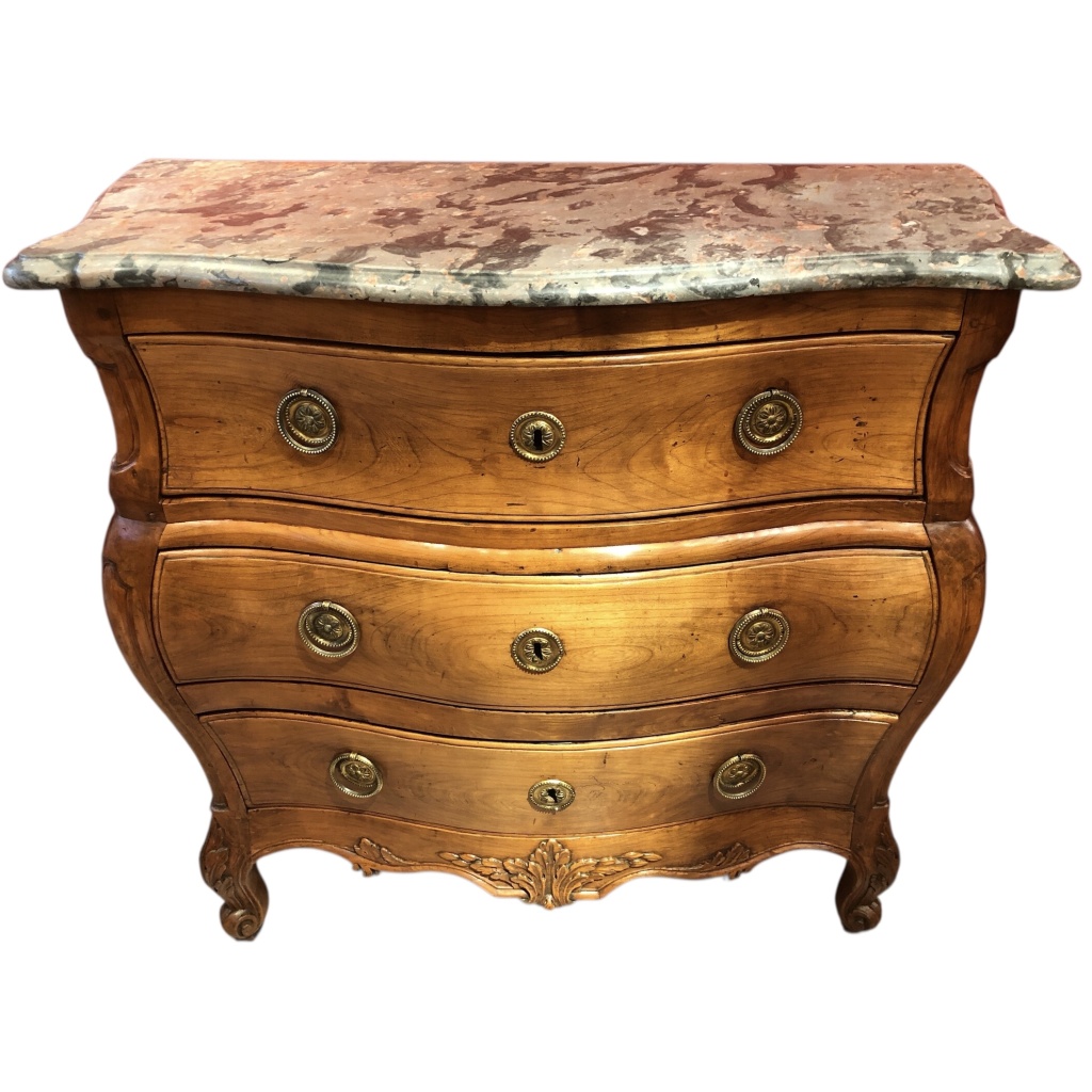 Commode 18è De Port Bois Naturel Ouvrant Trois Tiroirs Reposant Pieds Galbés Dessus Marbre 14