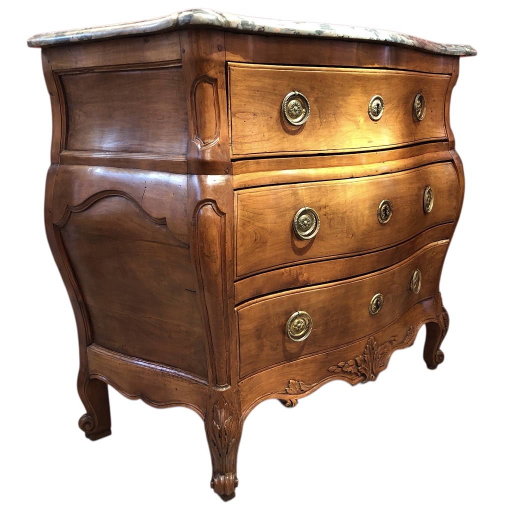 Commode 18è De Port Bois Naturel Ouvrant Trois Tiroirs Reposant Pieds Galbés Dessus Marbre 16