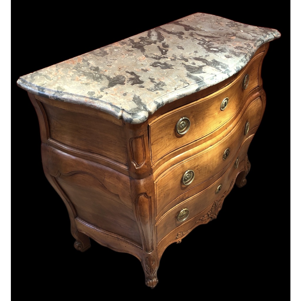Commode 18è De Port Bois Naturel Ouvrant Trois Tiroirs Reposant Pieds Galbés Dessus Marbre 17