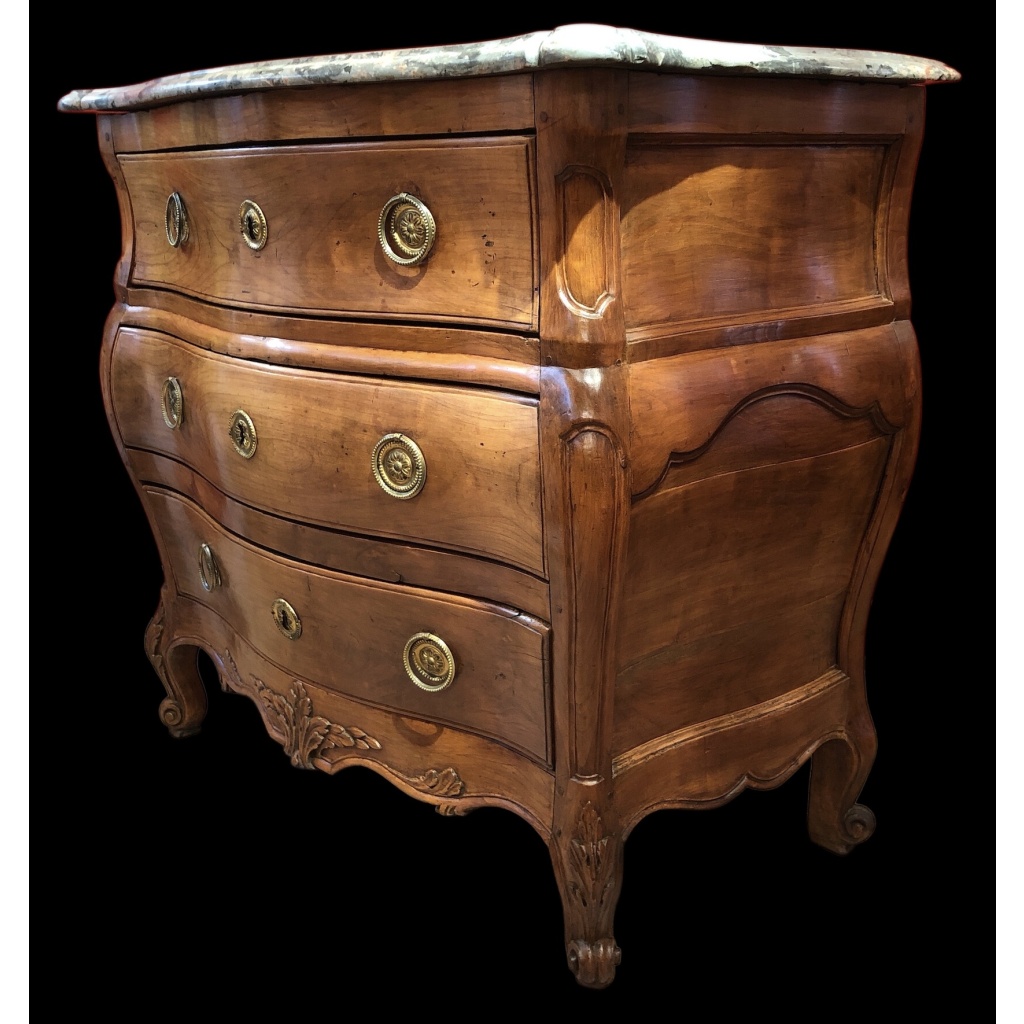 Commode 18è De Port Bois Naturel Ouvrant Trois Tiroirs Reposant Pieds Galbés Dessus Marbre 9