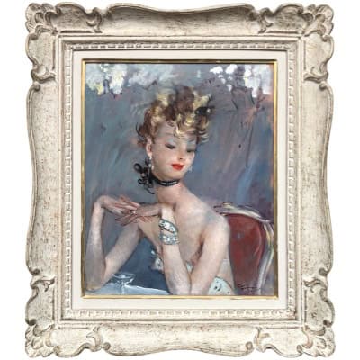 DOMERGUE Jean Gabriel Peinture XXè Jeune femme pensive Huile sur Isorel Signée Archives Willer 3