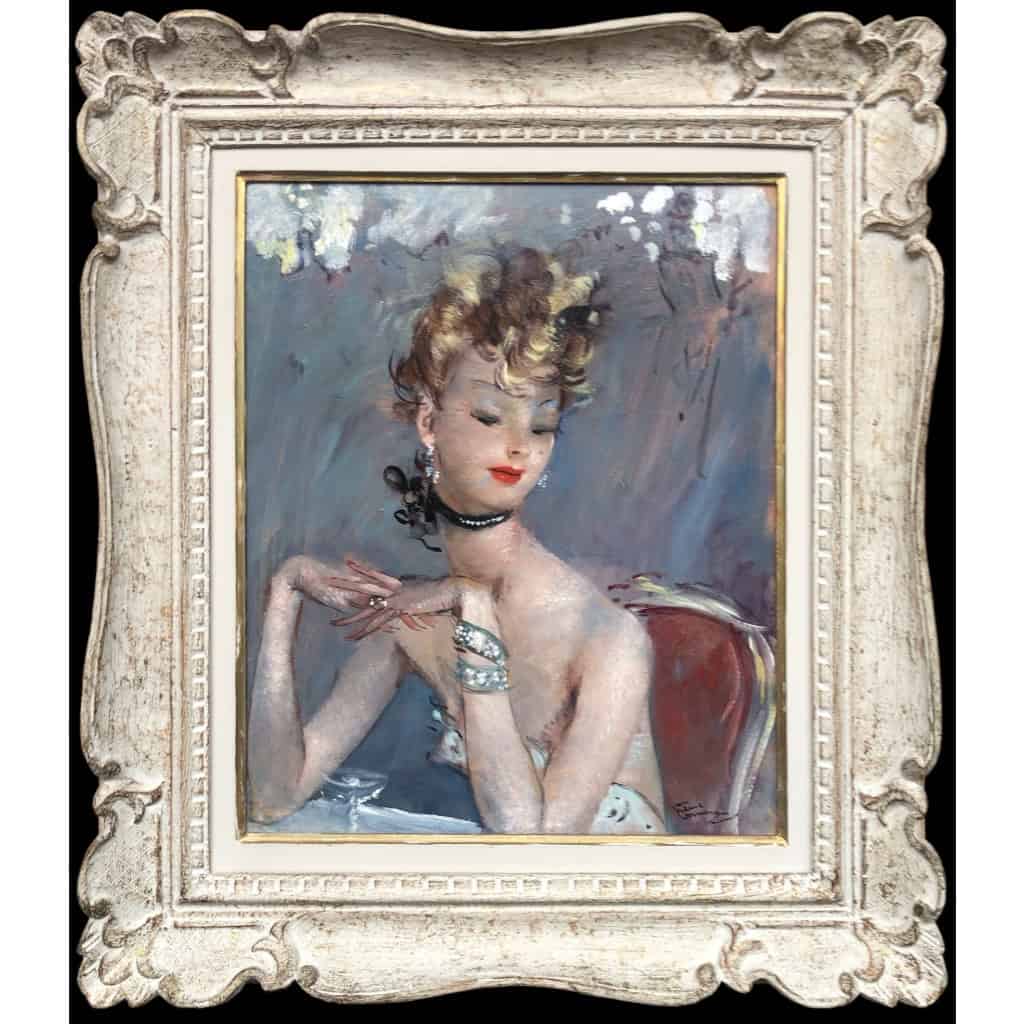 DOMERGUE Jean Gabriel Peinture XXè Jeune femme pensive Huile sur Isorel Signée Archives Willer 12