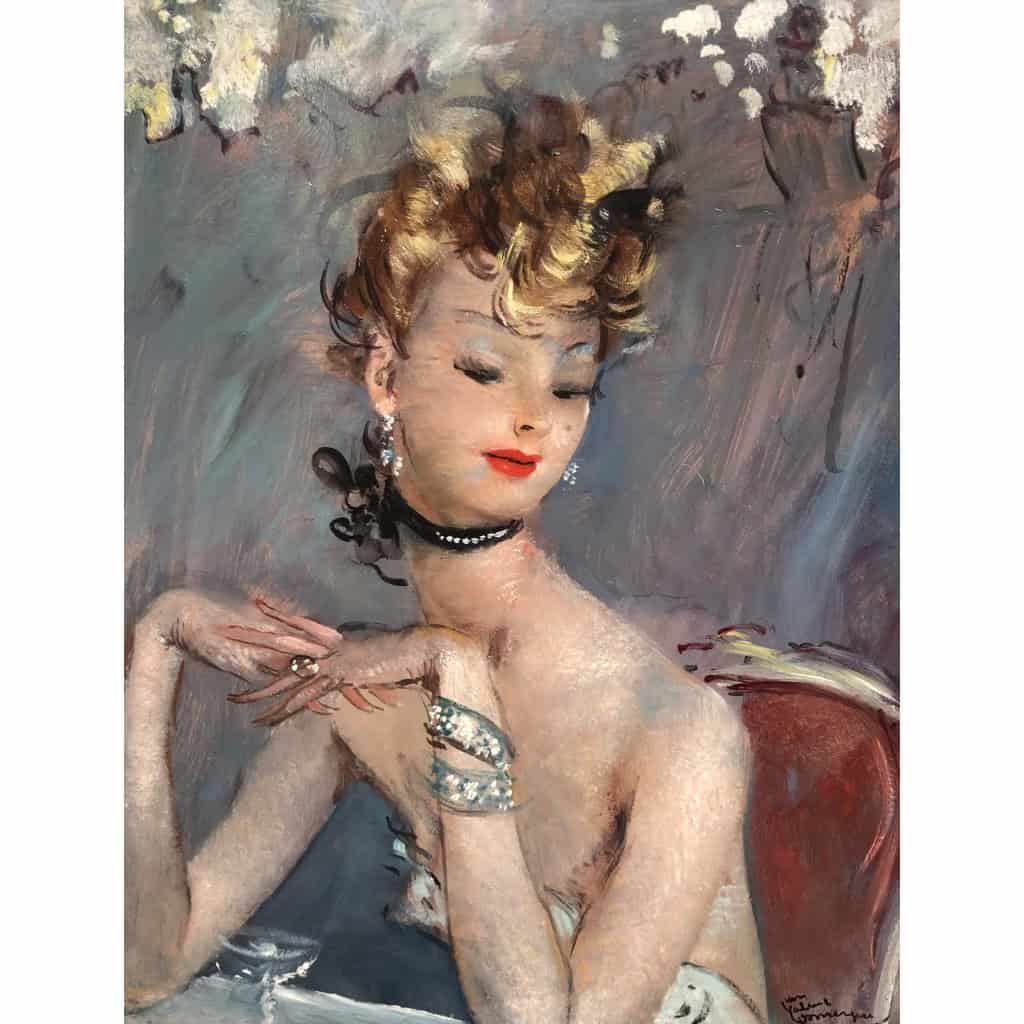 DOMERGUE Jean Gabriel Peinture XXè Jeune femme pensive Huile sur Isorel Signée Archives Willer 9