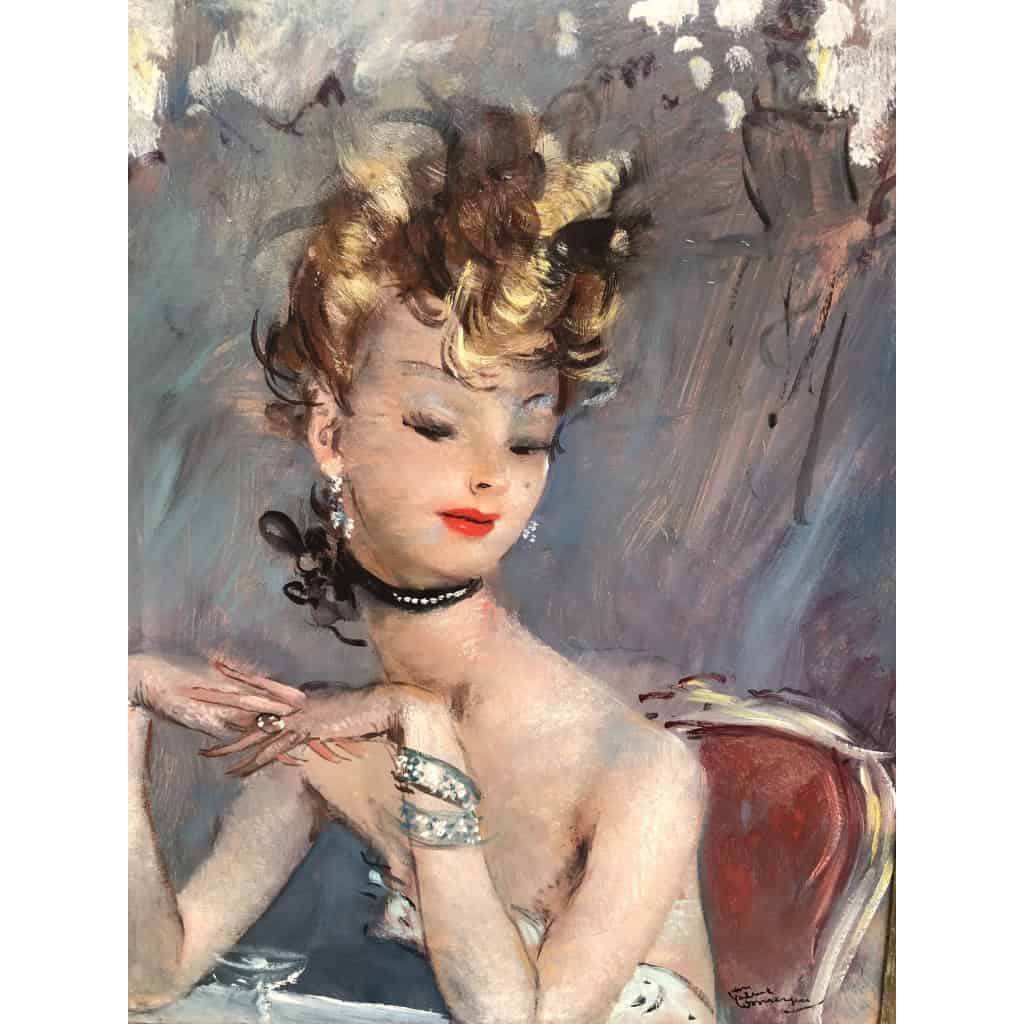 DOMERGUE Jean Gabriel Peinture XXè Jeune femme pensive Huile sur Isorel Signée Archives Willer 6