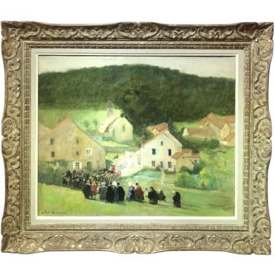 HERVE Jules Peinture Française 20è Langres Procession à Brevoines Huile sur Toile Signée Certificat D’authenticité