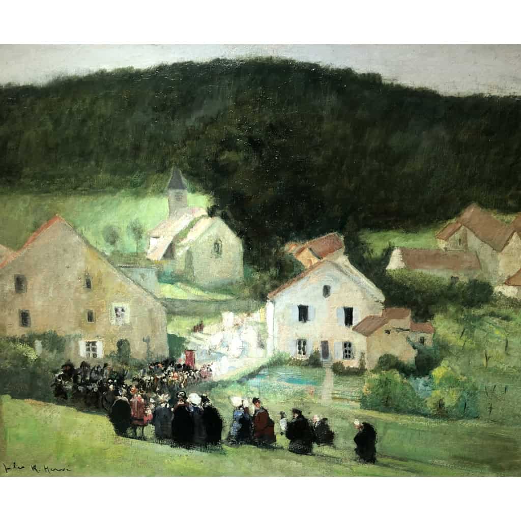 HERVE Jules Peinture Française 20è Langres Procession à Brevoines Huile sur Toile Signée Certificat D’authenticité 5