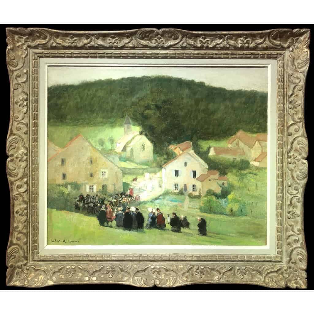 HERVE Jules Peinture Française 20è Langres Procession à Brevoines Huile sur Toile Signée Certificat D’authenticité 12
