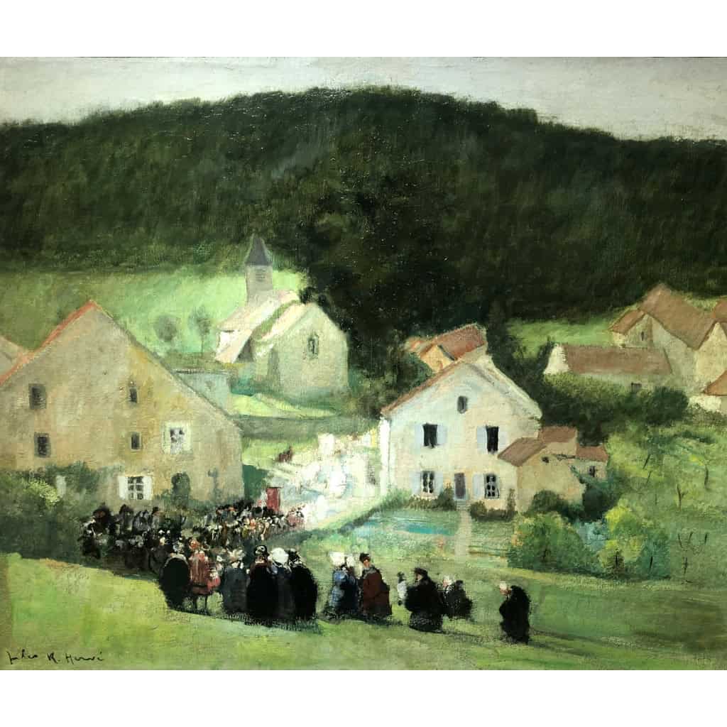 HERVE Jules Peinture Française 20è Langres Procession à Brevoines Huile sur Toile Signée Certificat D’authenticité 13