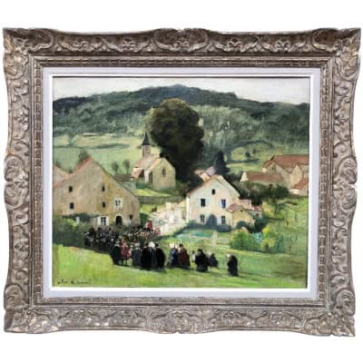 HERVE Jules Peinture Française 20è Langres Procession à Brevoines Huile Toile Signée Certificat d’authenticité