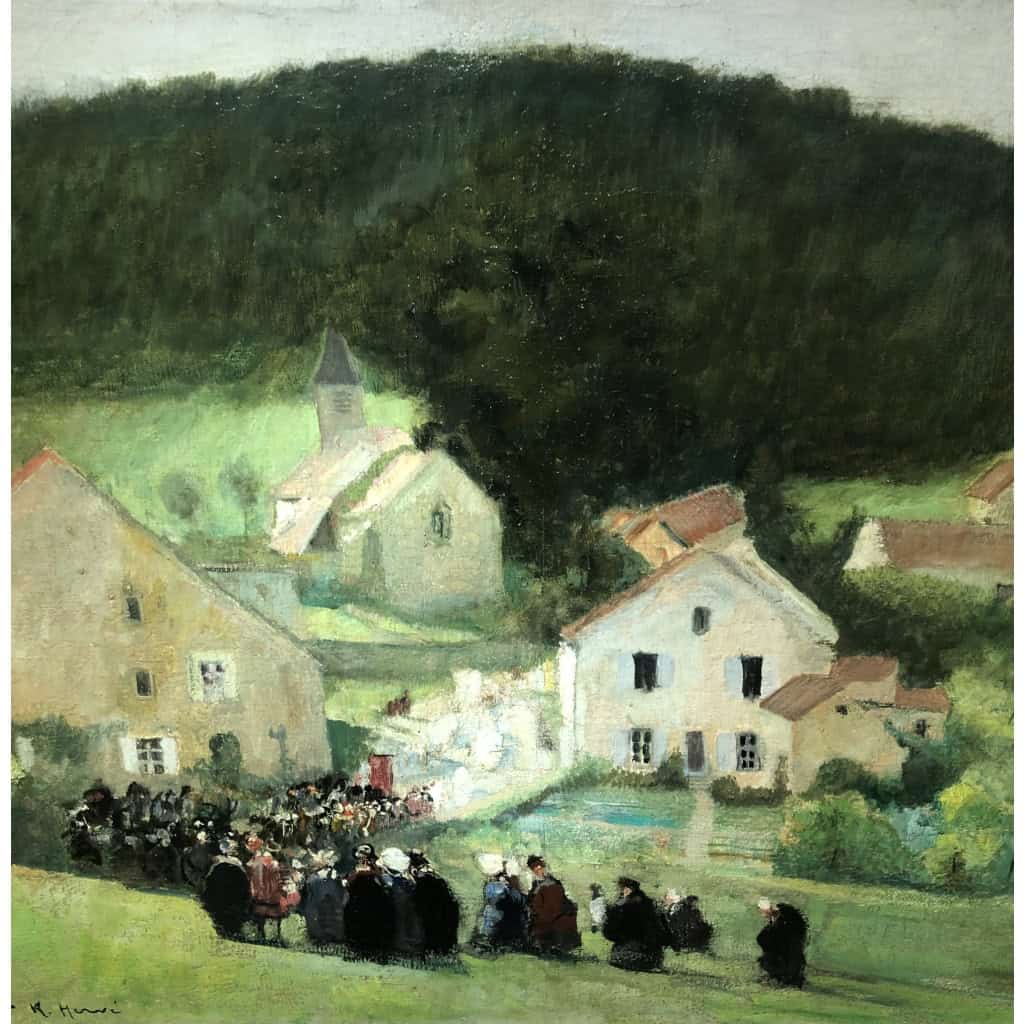 HERVE Jules Peinture Française 20è Langres Procession à Brevoines Huile sur Toile Signée Certificat D’authenticité 10