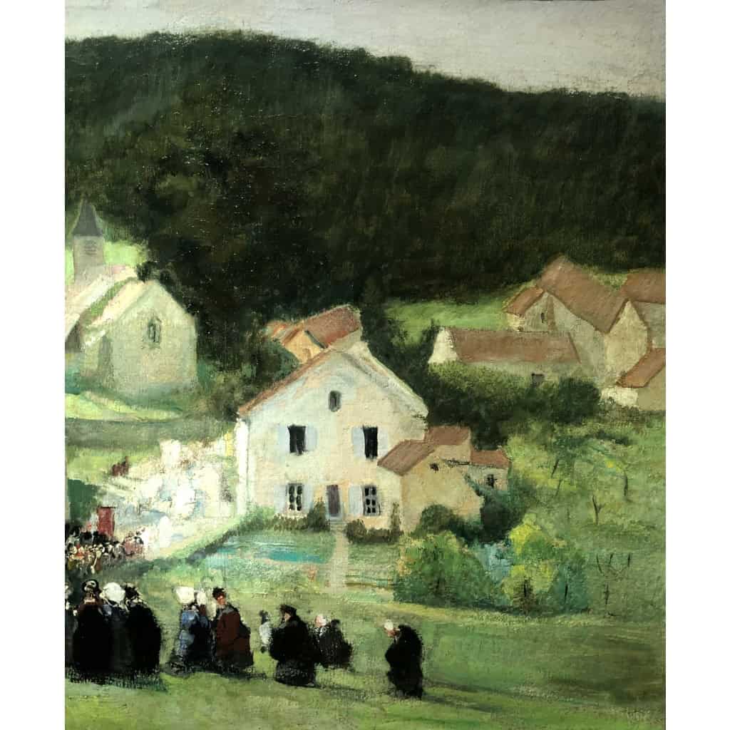 HERVE Jules Peinture Française 20è Langres Procession à Brevoines Huile sur Toile Signée Certificat D’authenticité 9