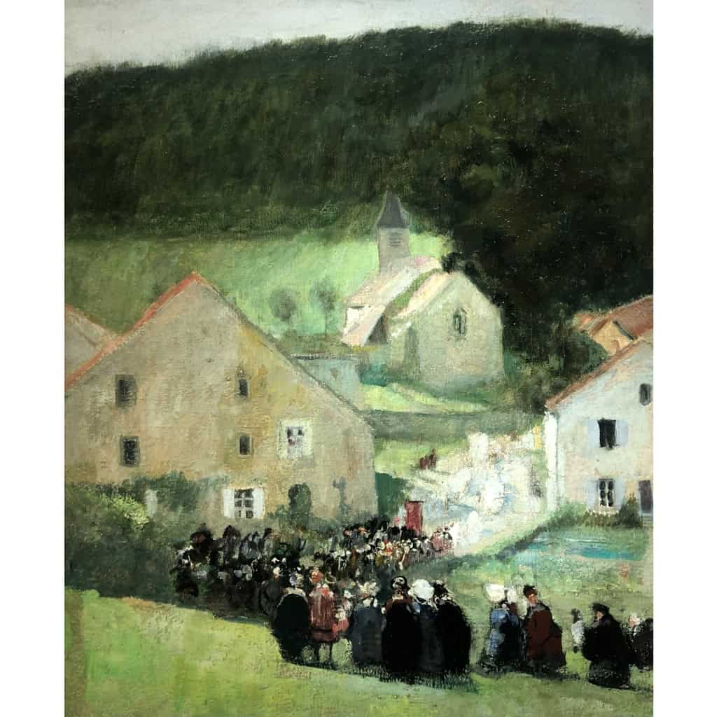 HERVE Jules Peinture Française 20è Langres Procession à Brevoines Huile sur Toile Signée Certificat D’authenticité 8